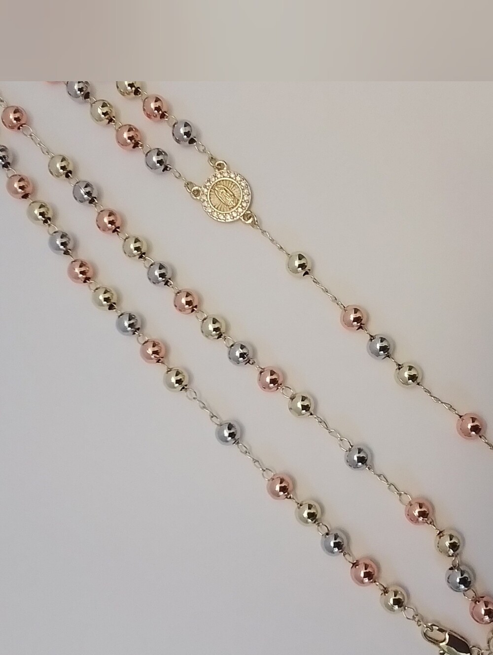 Pretty Bird Tri-Tone Rosary Bead Necklace in Gold, Rose, Silver